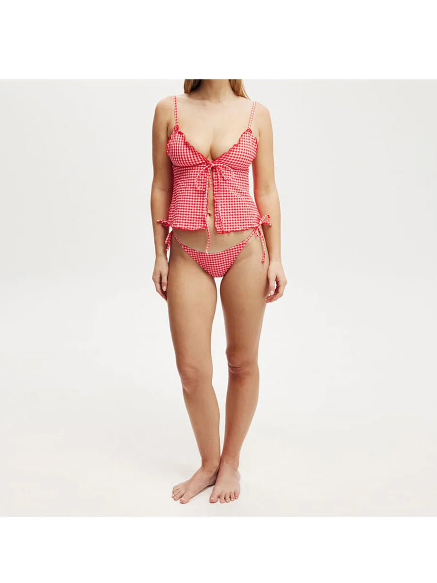 Hirigin Plaid Sleeveless Cami Top With Front Tie