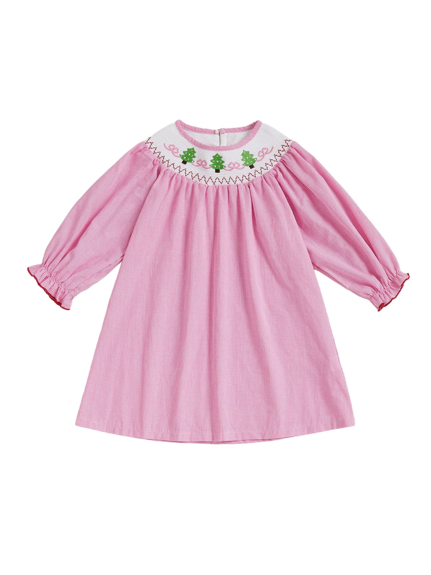 Christmas Toddler Girl Dress with Festive Tree Embroidery Mock Neck Long Sleeves and Plaid Print - Holiday A Line Dress