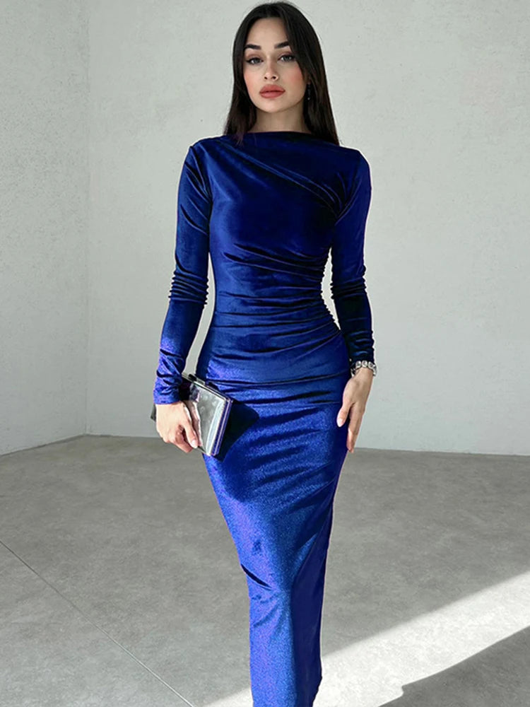 Dulzura Velvet Long Sleeve Midi Dress For Women Ruched Party