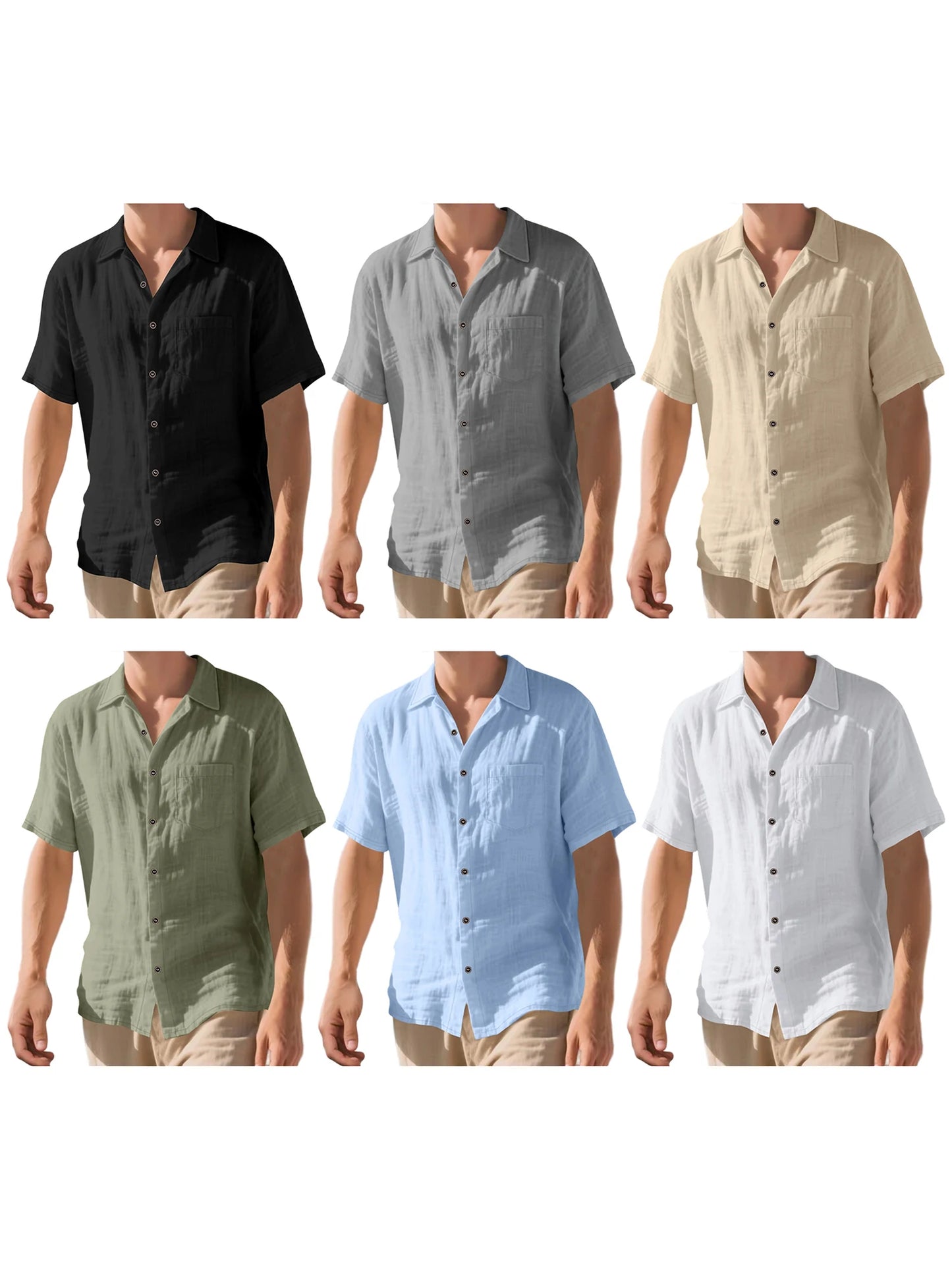 Men s Lightweight Linen Short Sleeve Button-Down Shirt Casual Solid Color Breathable Summer Tops Loose Fit Lapel Collar