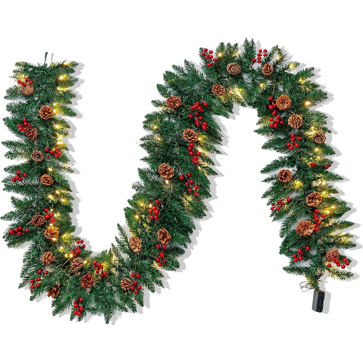 Joyfy Artificial Christmas Garland Prelit With LED Lights Pine Cones And Red Berries For Home Office Decor