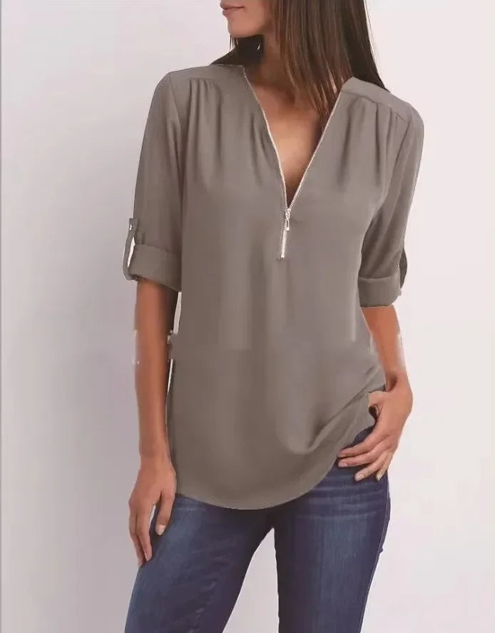 2025 Hot Sale Women Cool Loose Shirt Deep V Neck Chiffon Fashion Blouse Casual Ladies Tops Sexy Zipper Pullover Plus Size