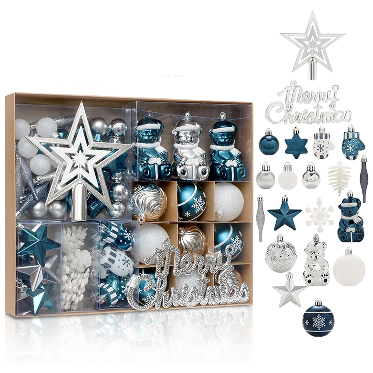 Twister.CK 68 Pcs Christmas Ball Ornaments Set Shatterproof with Merry Christmas Sign and Top Tree Toppers