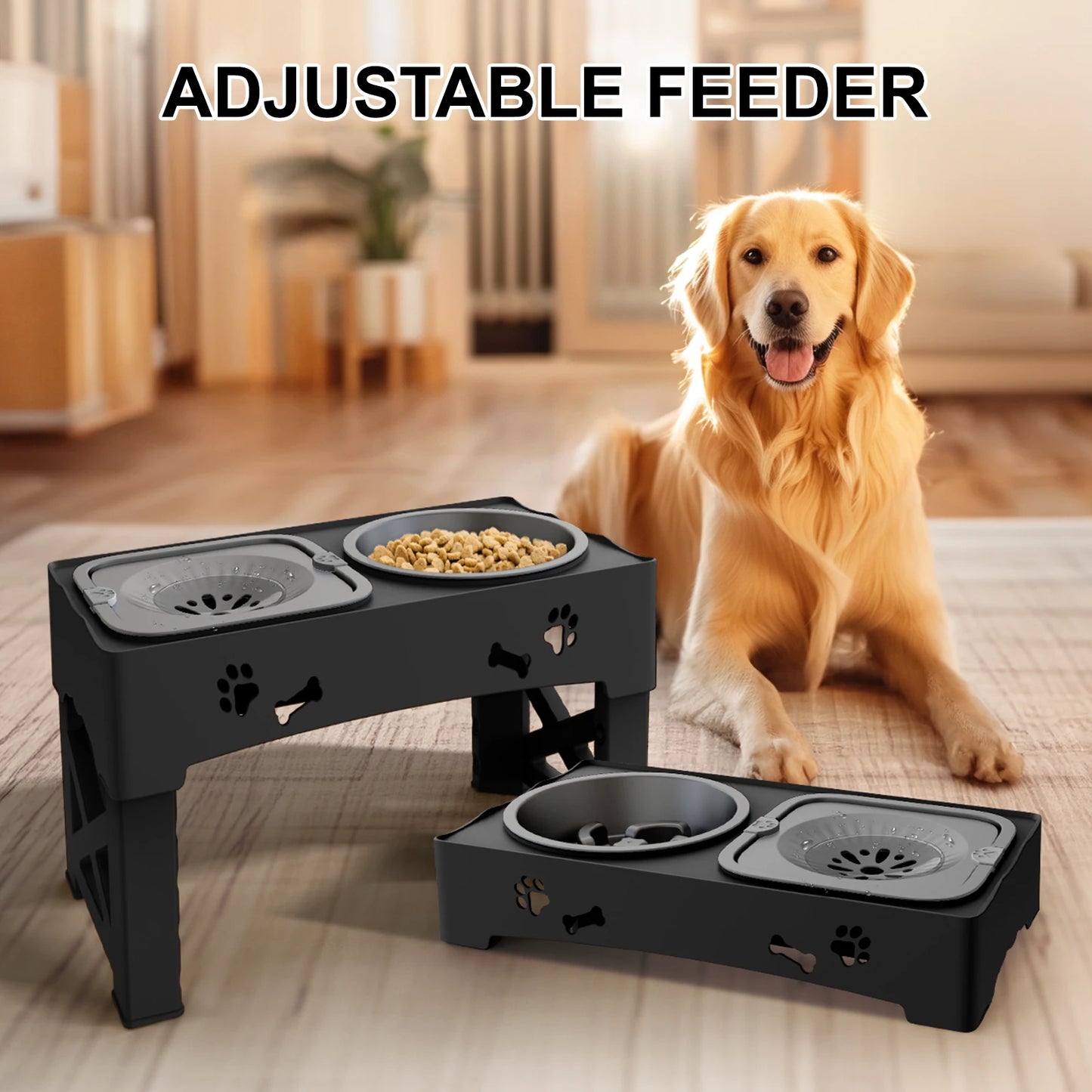 Feature 3 In 1 Pet Feeder Slow Bowls With Adjustable Heights