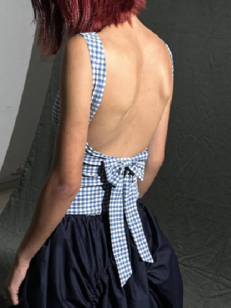 Hirigin Womens Plaid Cropped Tank Top Bow Backless Sleeveless Vest