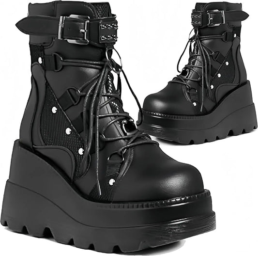 GIGIFOXCN Women Gothic Wedge Combat Ankle Boots Buckle Lace Up