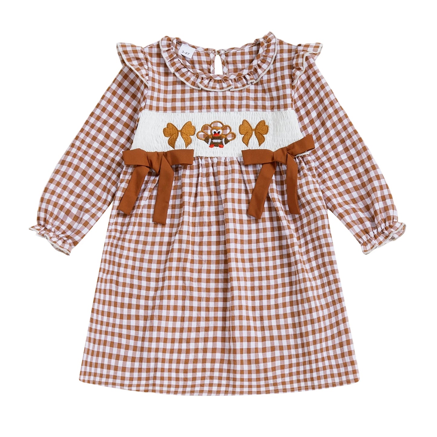 Girls Long Sleeve Crew Neck Plaid Embroidery Turkey Fall Dress for Thanksgiving Outfit