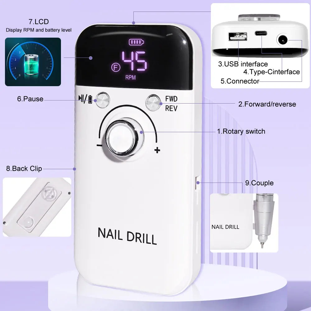 DMJ V6 Electric Nail Drill Kit 45000RPM Portable Manicure File