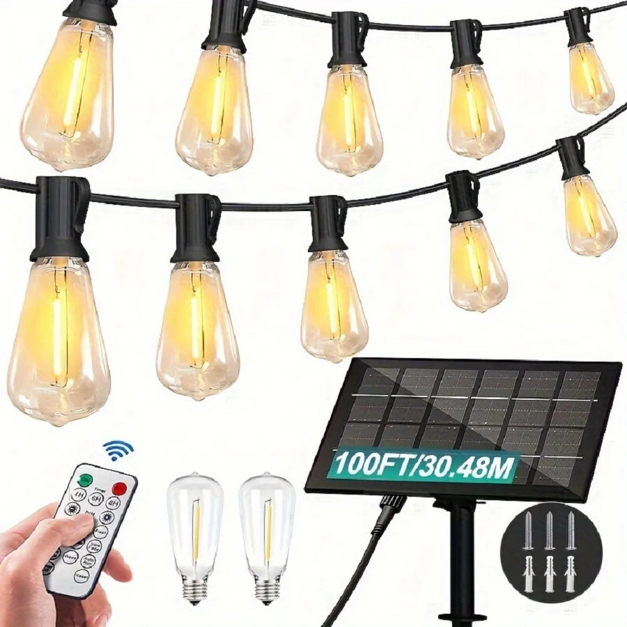 Linear 25/60/100/ ft solar string lights with USB port and remote control, solar garden lights, durable, dimmable, ST38 LED bulb