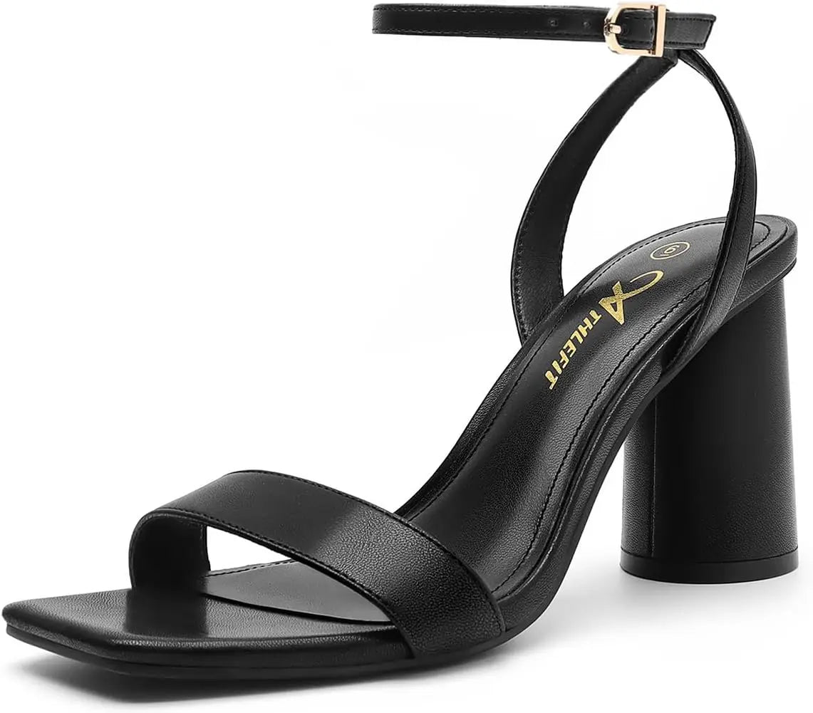 Women's Strappy Chunky Block Heels Fashion Square Open Toe Heeled Sandals Ankle Strap Wedding Party Shoes