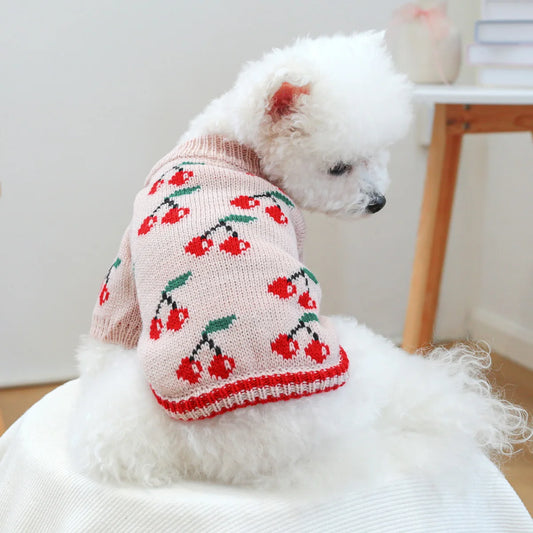1PC Pet Clothes Dog Cat Thickened Warm Winter Autumn Pink Cherry Sweater Elastic Jumper Knitted Sweater