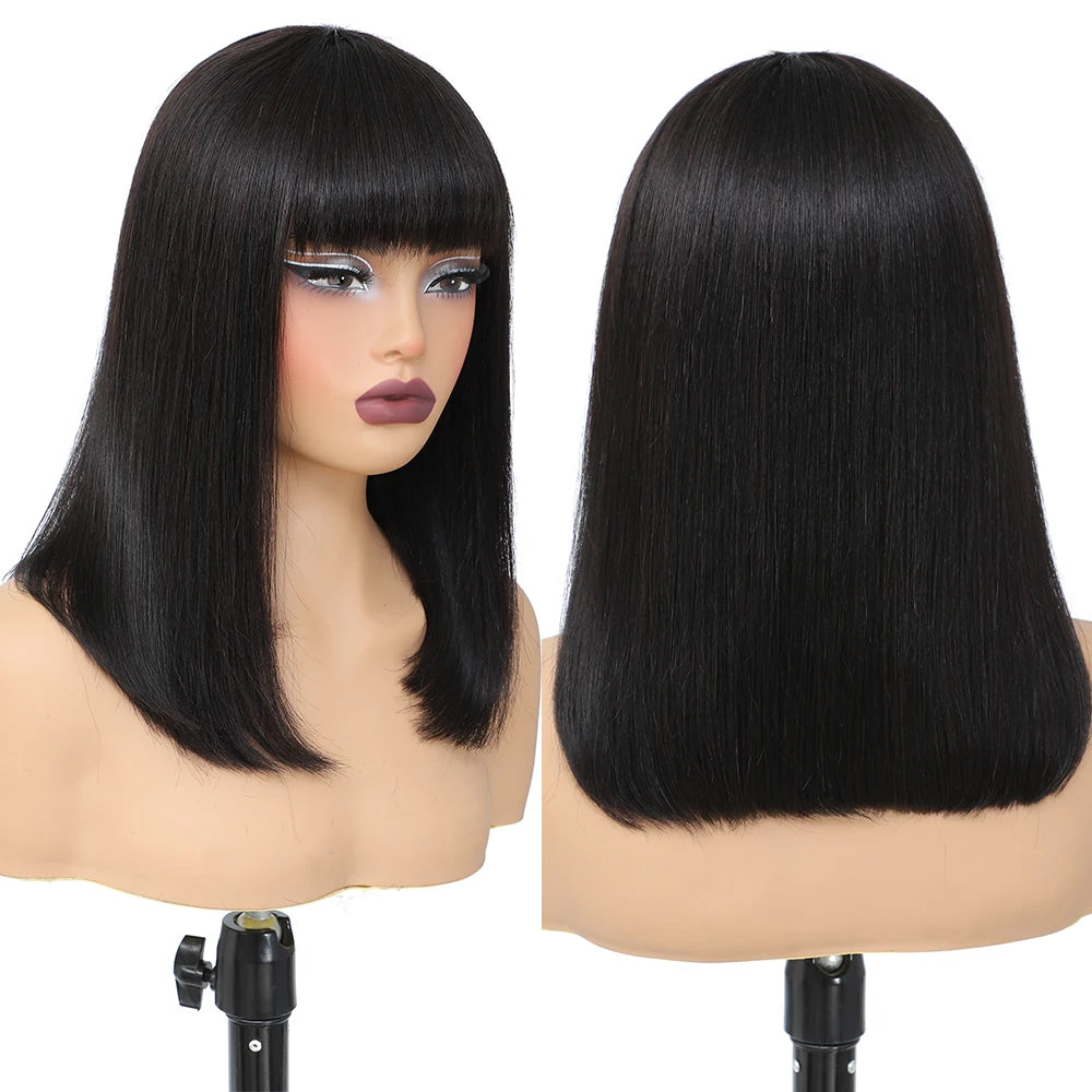 Short Black Human Hair Bob Wigs With Bangs Light Yaki Straight Realistic Scalp Glueless Non Lace Wig For Women Blunt Cut Bob Wig