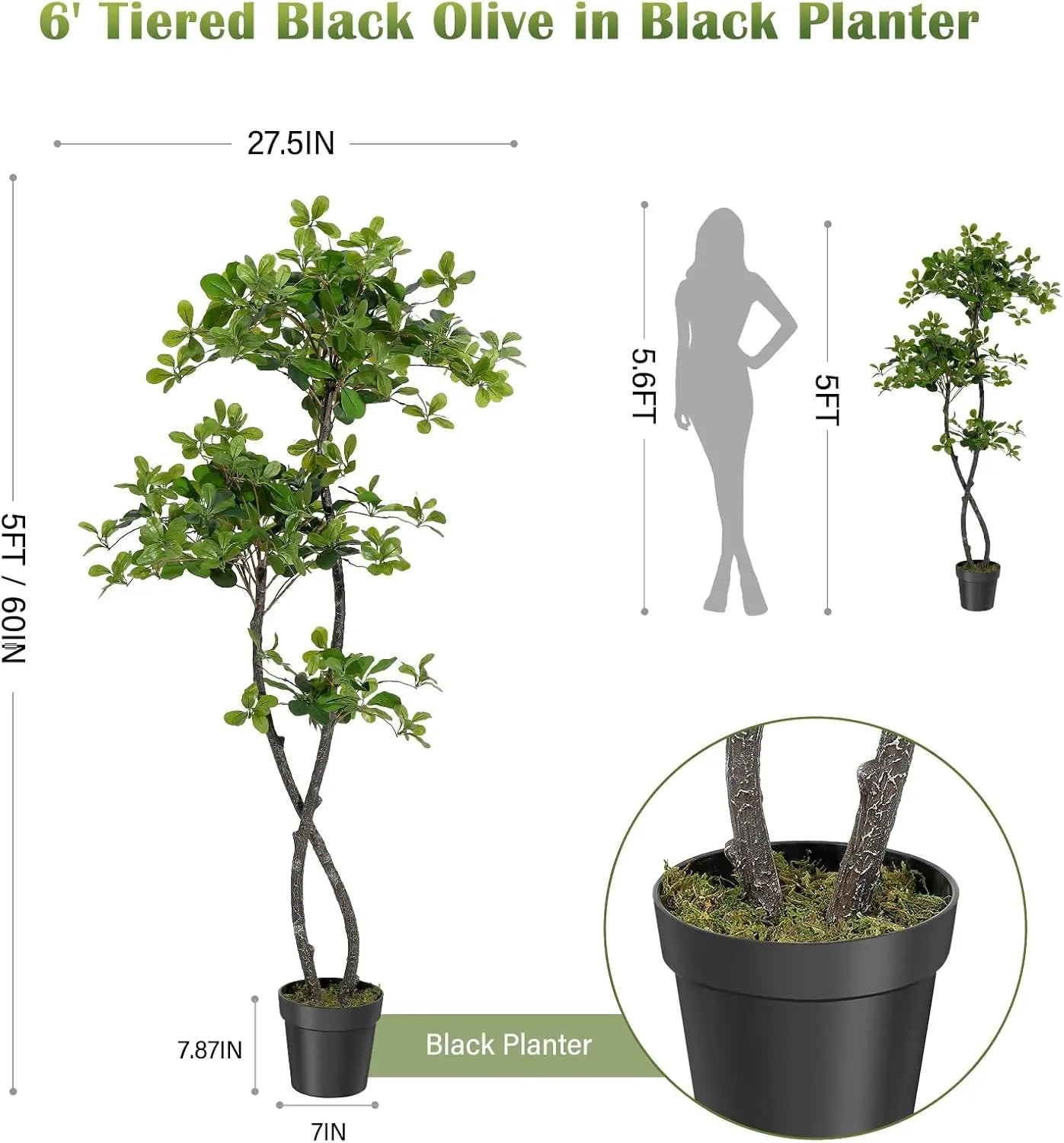 Artificial Indoor Plants, 6ft Fake Black Olive Tree with 100 LED Lights, Tall Fake Plants in Plastic Pot, Artificial Tree for Ho