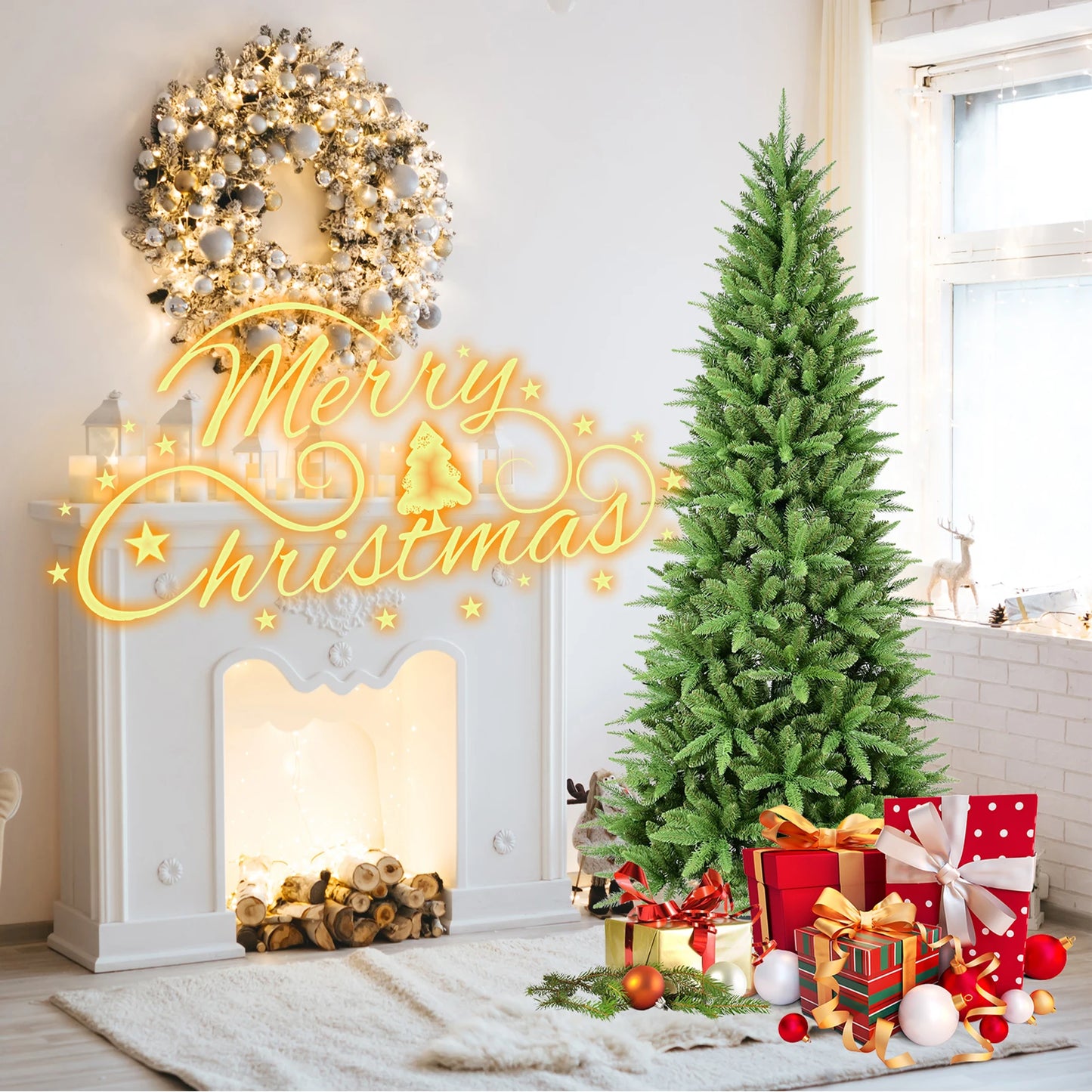 Artificial Christmas Tree with Warm White Lights Xmas Tree Foldable Holiday Xmas Ornaments for Home Office Party Decoration