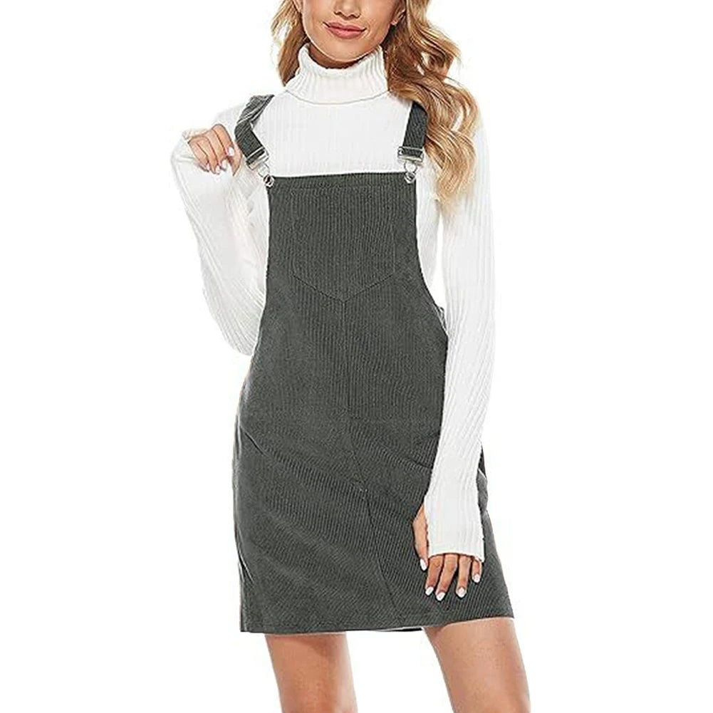 APWIKOGER Casual Corduroy A-Line Mini Dress With Pockets