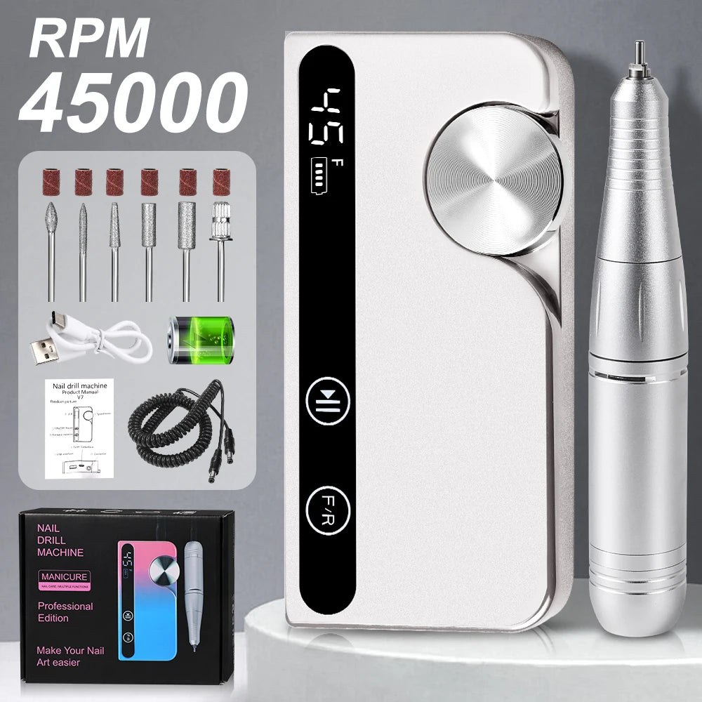45000RPM Electric Nail Drill Polisher Rechargeable Professional Electric Nail Machine Kit for Home Acrylic Gel Nails Polishing