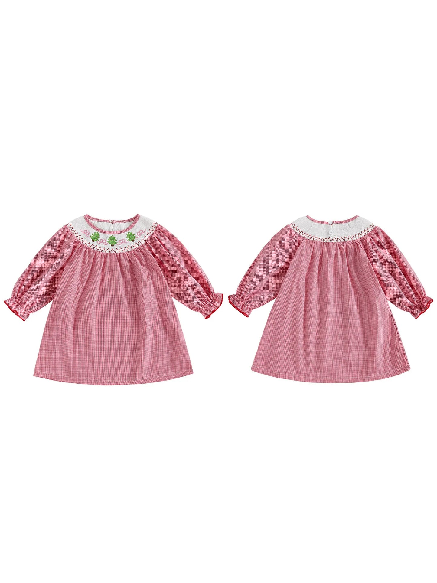 Christmas Toddler Girl Dress with Festive Tree Embroidery Mock Neck Long Sleeves and Plaid Print - Holiday A Line Dress