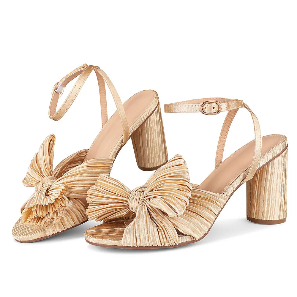 GIGIFOX Bowknot Elegant Super High Heel Sandals Pleated Ankle Strap Open Toe Round Heel Buckle Strap Shoes Fashion Dress Sandals