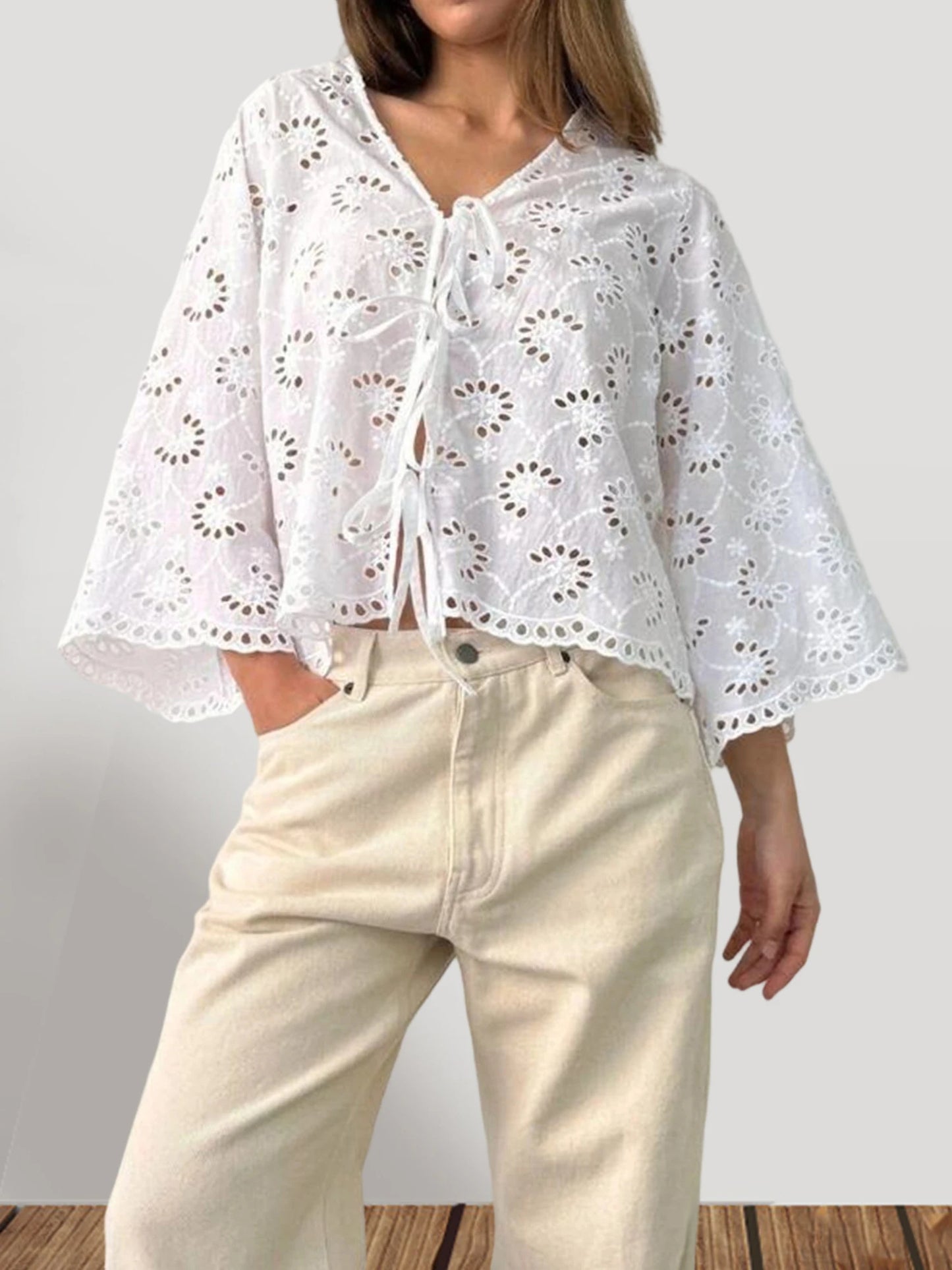 Stylish Women s V Neck Blouse with Eyelet Detailing Solid Color Loose Fit 3 4 Sleeves and Tie Front Design