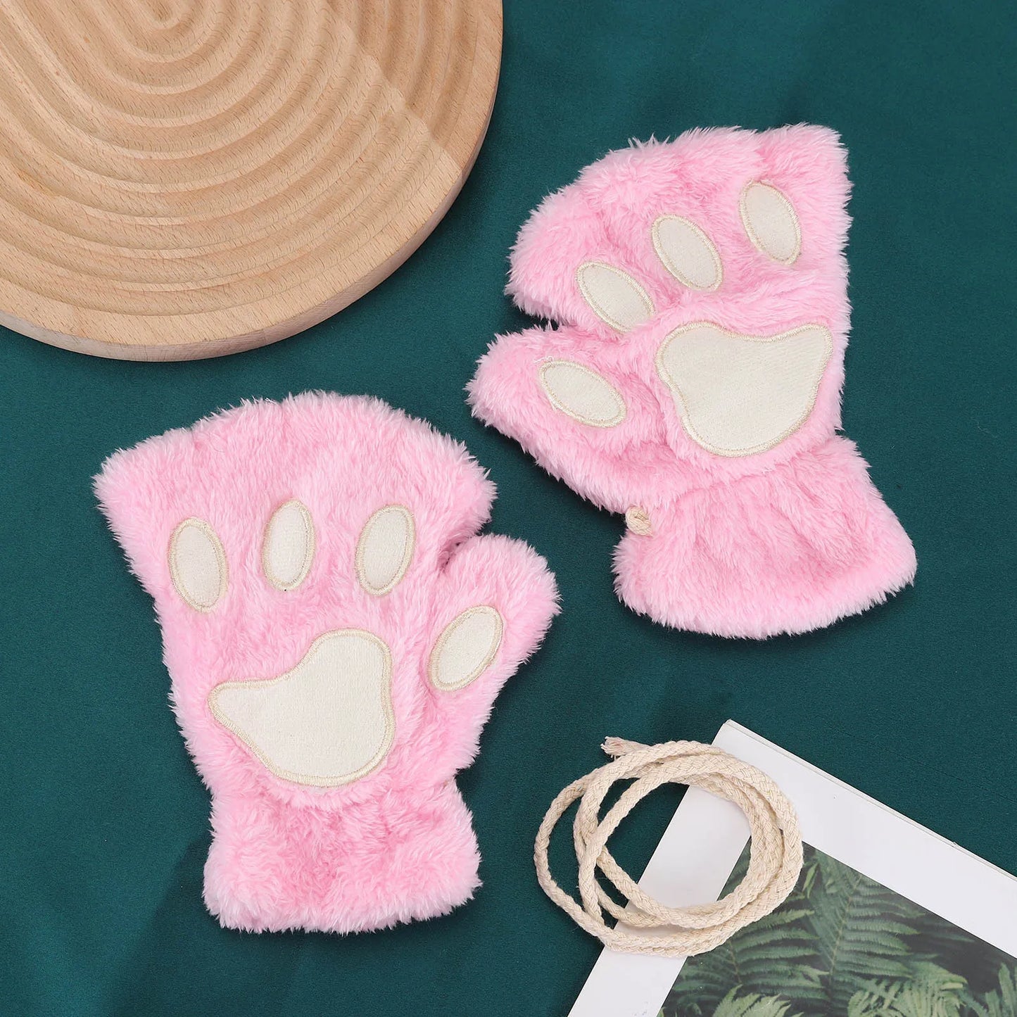 Lovely Plush Cat Claw Paw Gloves Plush Mittens Warm Soft Plush Short Fingerless Fluffy Bear Gloves Costume Half Finger Gloves