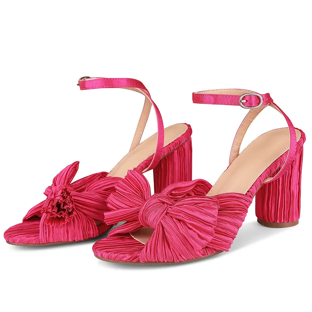 GIGIFOX Bowknot Elegant Super High Heel Sandals Pleated Ankle Strap Open Toe Round Heel Buckle Strap Shoes Fashion Dress Sandals