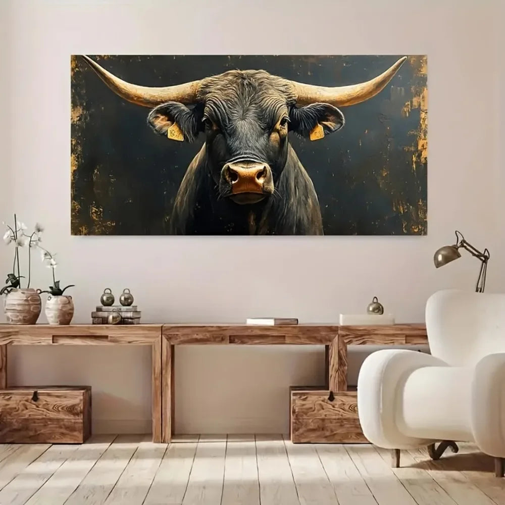 1 piece thick wood frame canvas art, modern big Horn Black Bull canvas painting art, modern interior decoration