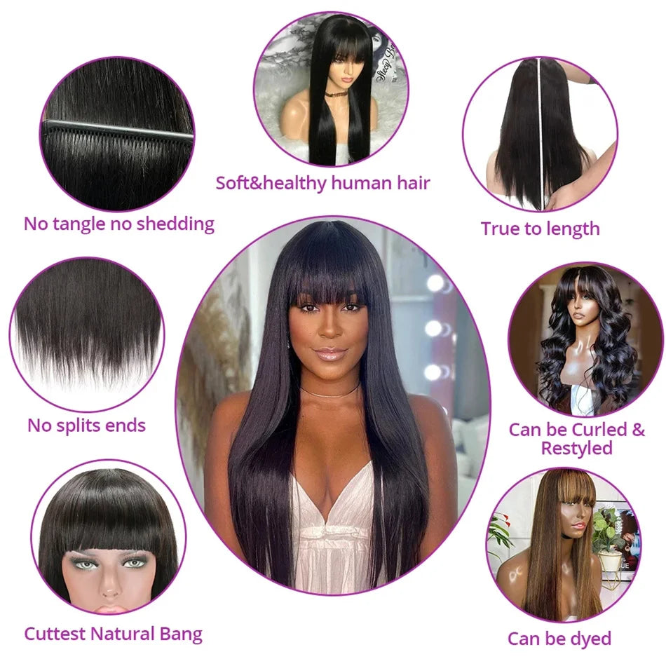 Bone Straight Human Hair Wig With Bangs For Women 30 Inch Brazilian 3x1 Lace Wigs Glueless Wig Human Hair Natural Black Color