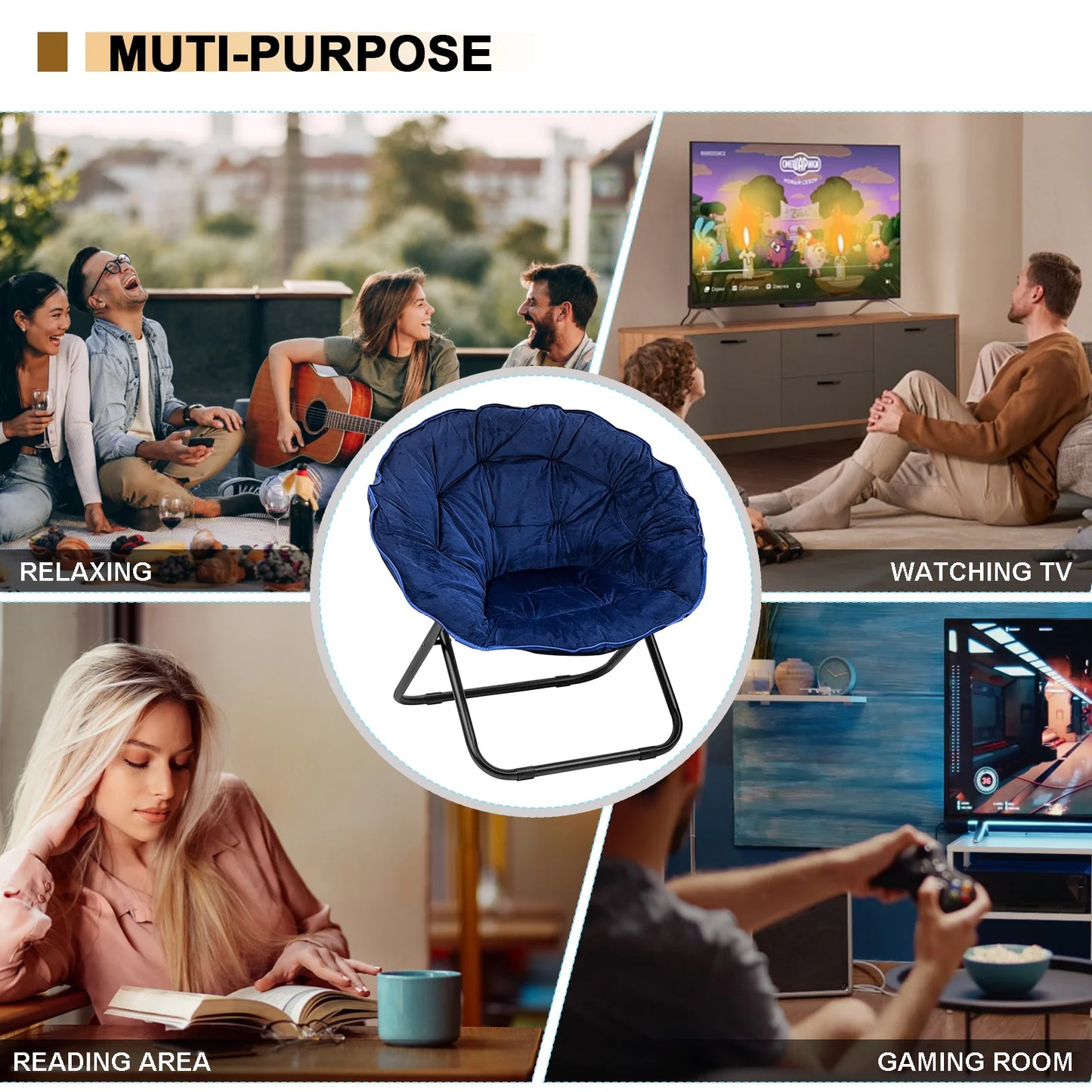 Grezone Round Foldable Saucer Chair Moon Chair With Metal Frame