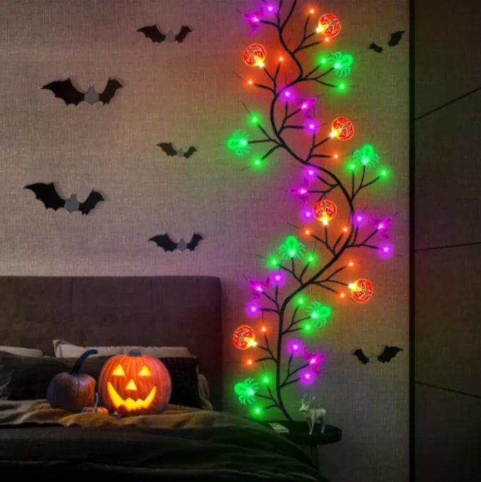 Willow Vine Halloween String Lights With Bat Spider Pumpkin