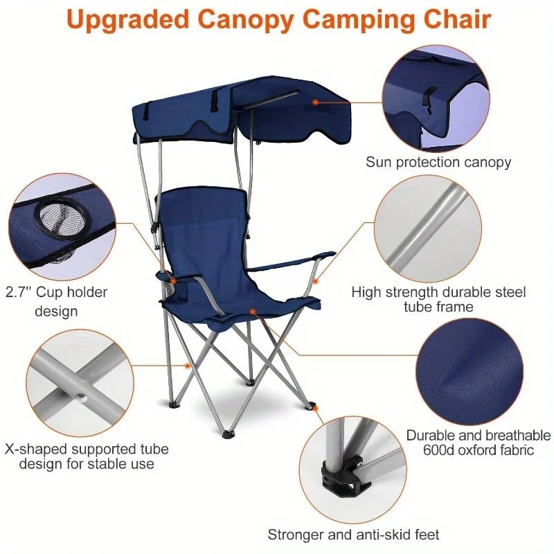 Fold Camping Chair With Canopy Sun Shade And Cup Holder