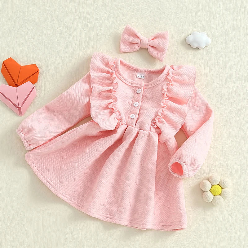 Girls Valentine s Day Heart Print Ruffle Sleeve Dress with Matching Headband - Adorable Toddler Princess Dress for the Holiday