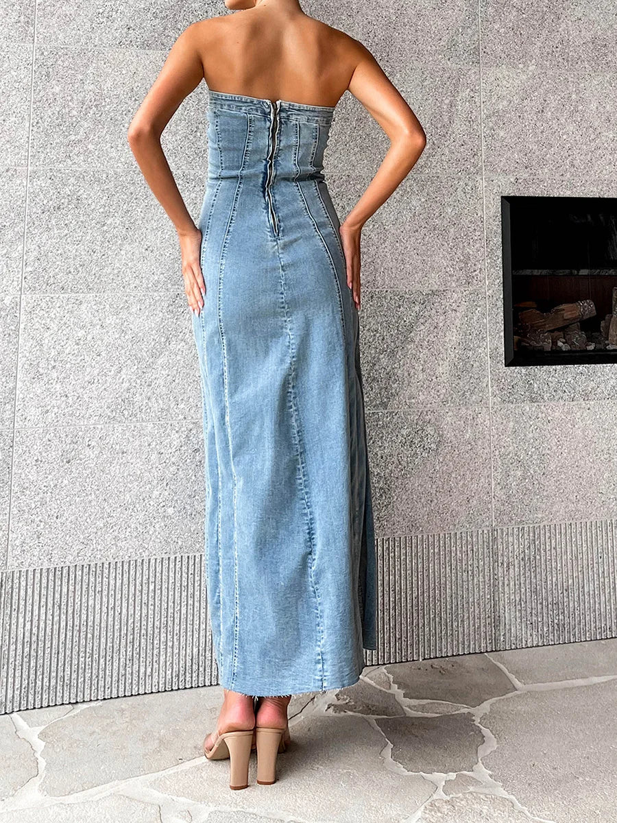 Hirigin Women Strapless Velvet Dress Backless Zipper Slit Perfect For Club Party