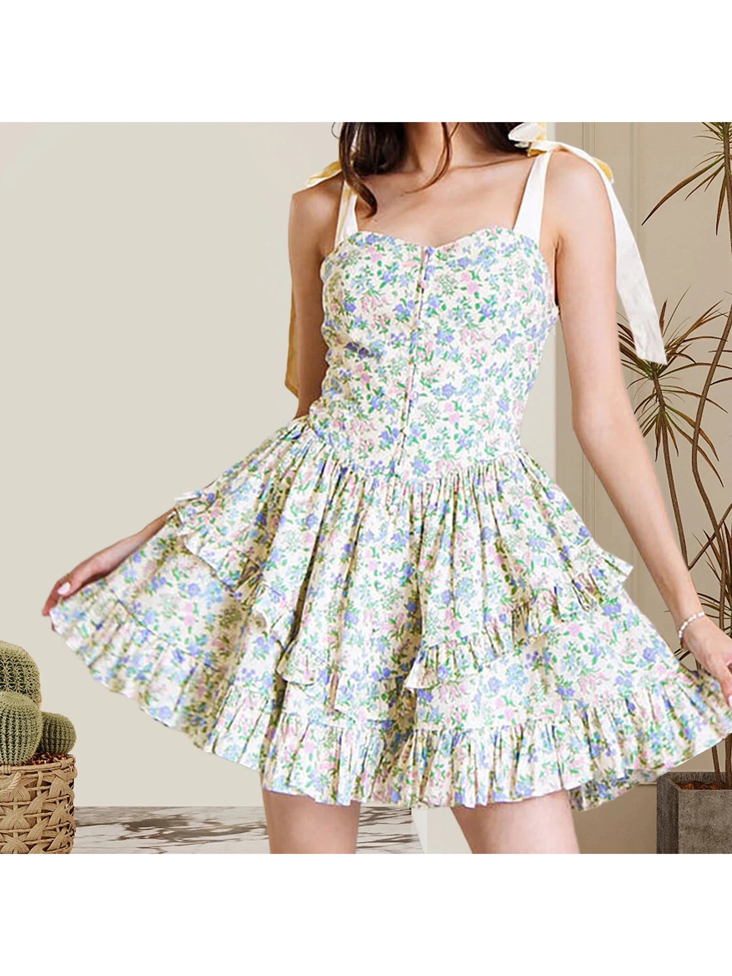 Hirigin Elegant Sleeveless Floral Print Mini Dress Bow Tie Shoulder