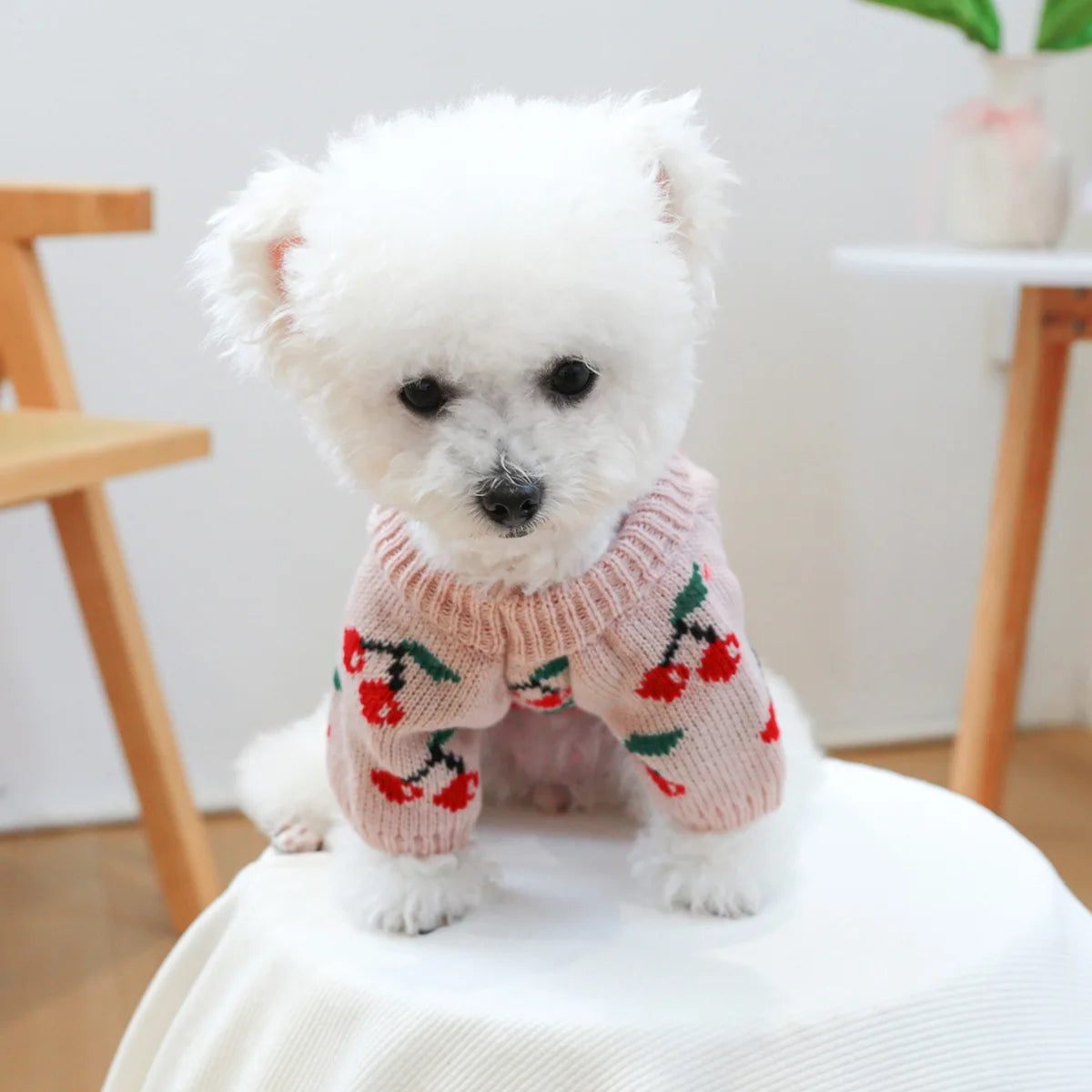 1PC Pet Clothes Dog Cat Thickened Warm Winter Autumn Pink Cherry Sweater Elastic Jumper Knitted Sweater