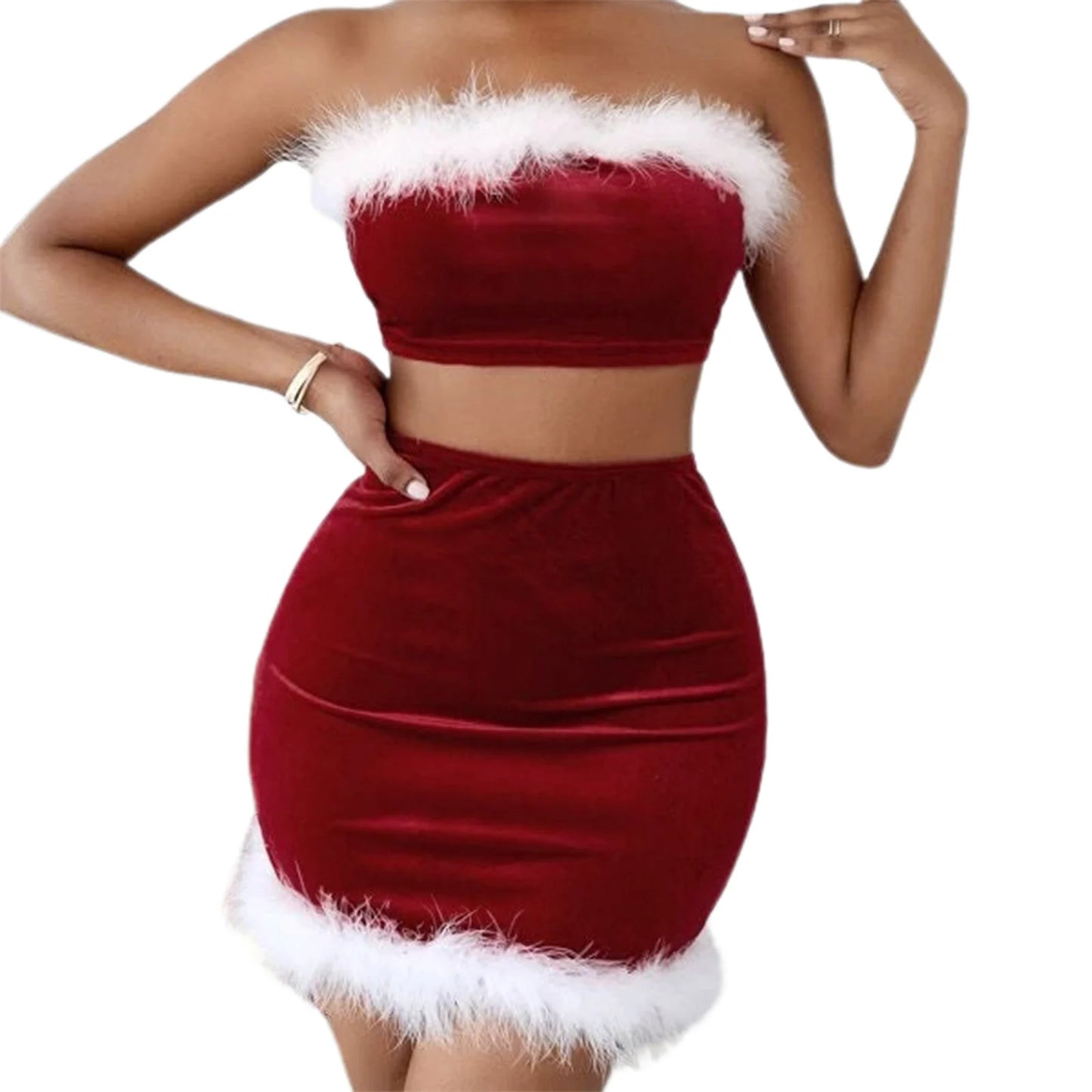 Hirigin Velvet Strapless Christmas Mini Skirt Set With Diamond Embellishments Lingerie Look