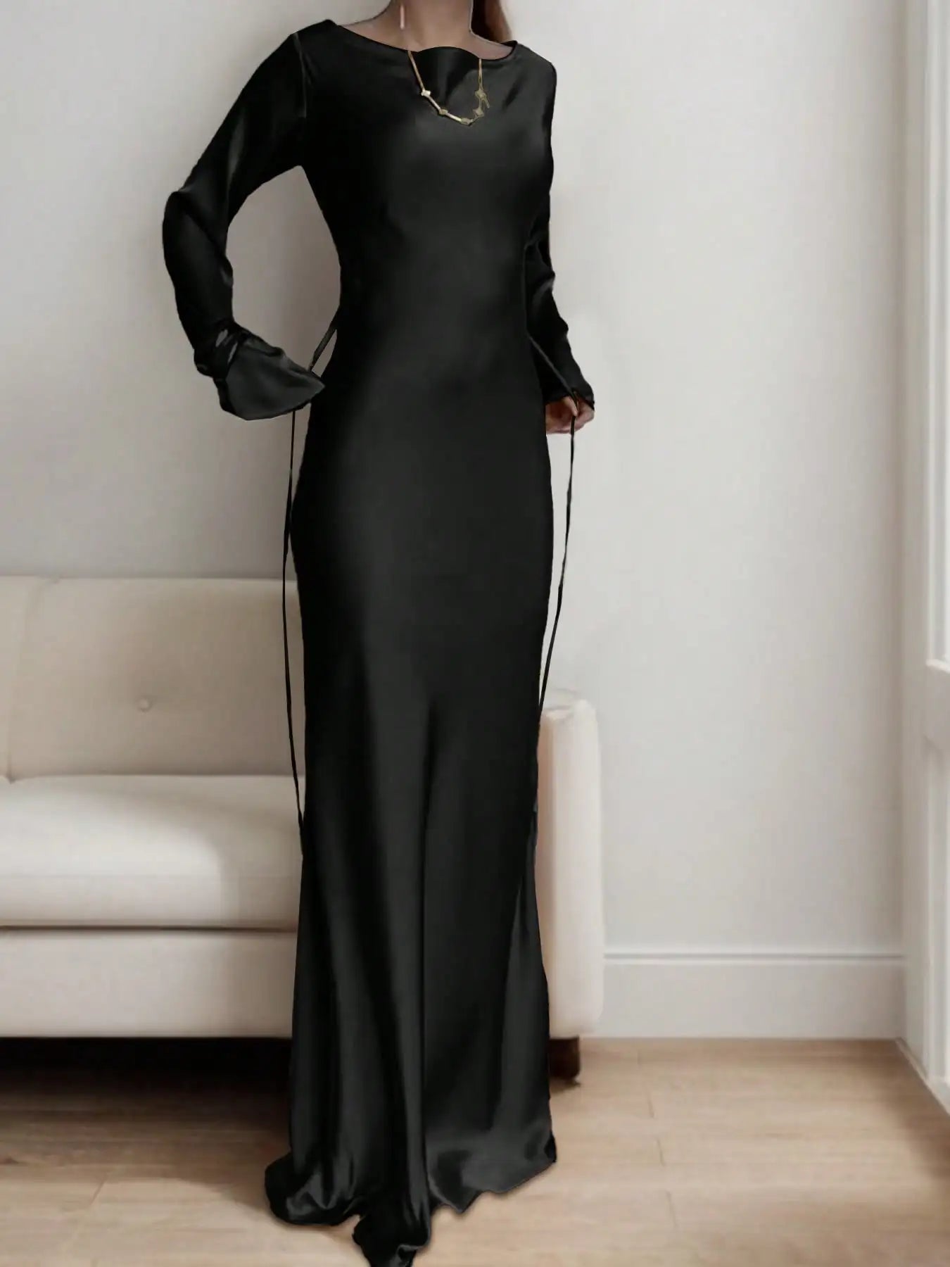 Satin Maxi Dress With Corset Waist Tie Round Neck