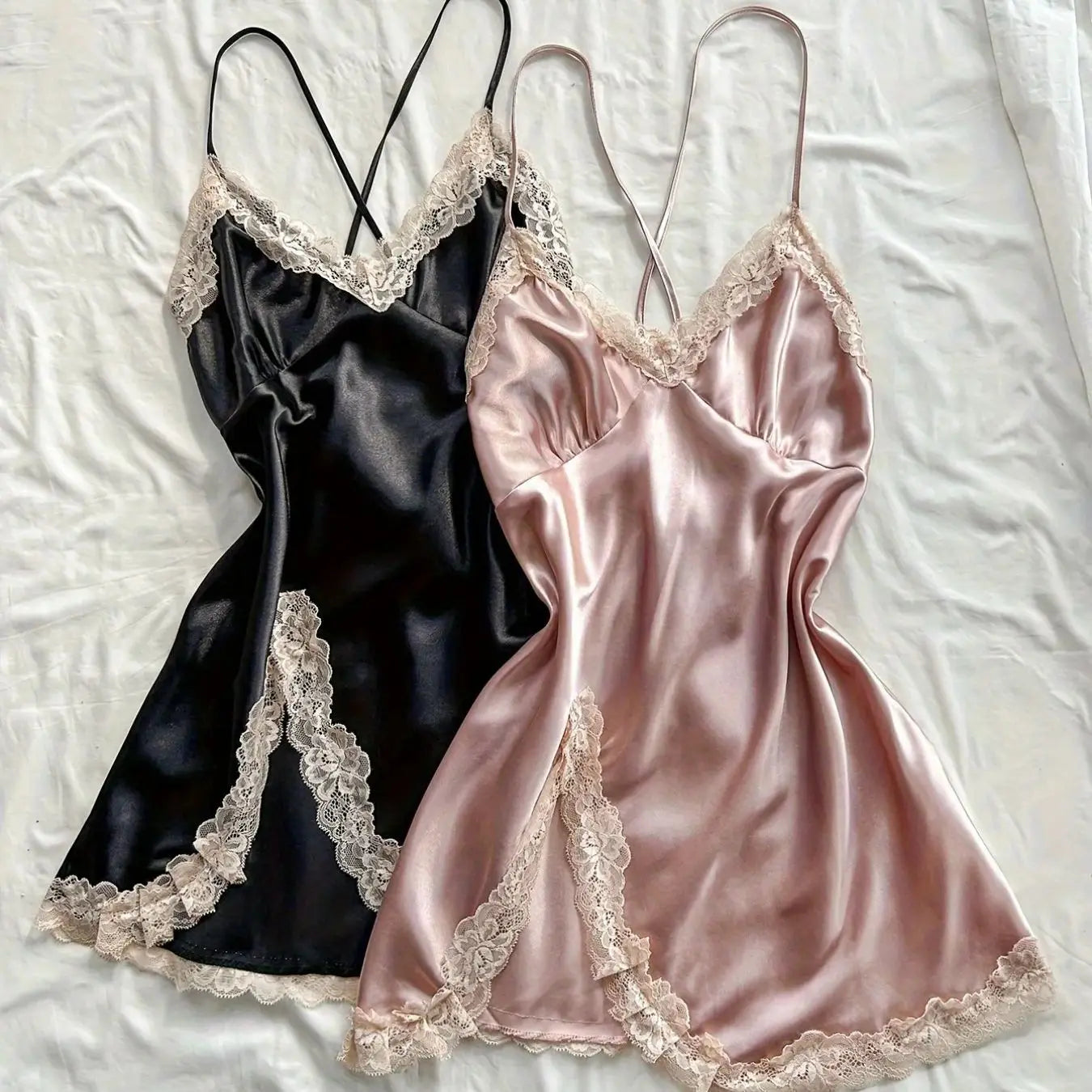 2Pcs Women’s Satin Sleepwear Set Black & Blush, Ruched V-Neck Strapless Nightgown Lingerie Dress, All-Season Nightwear
