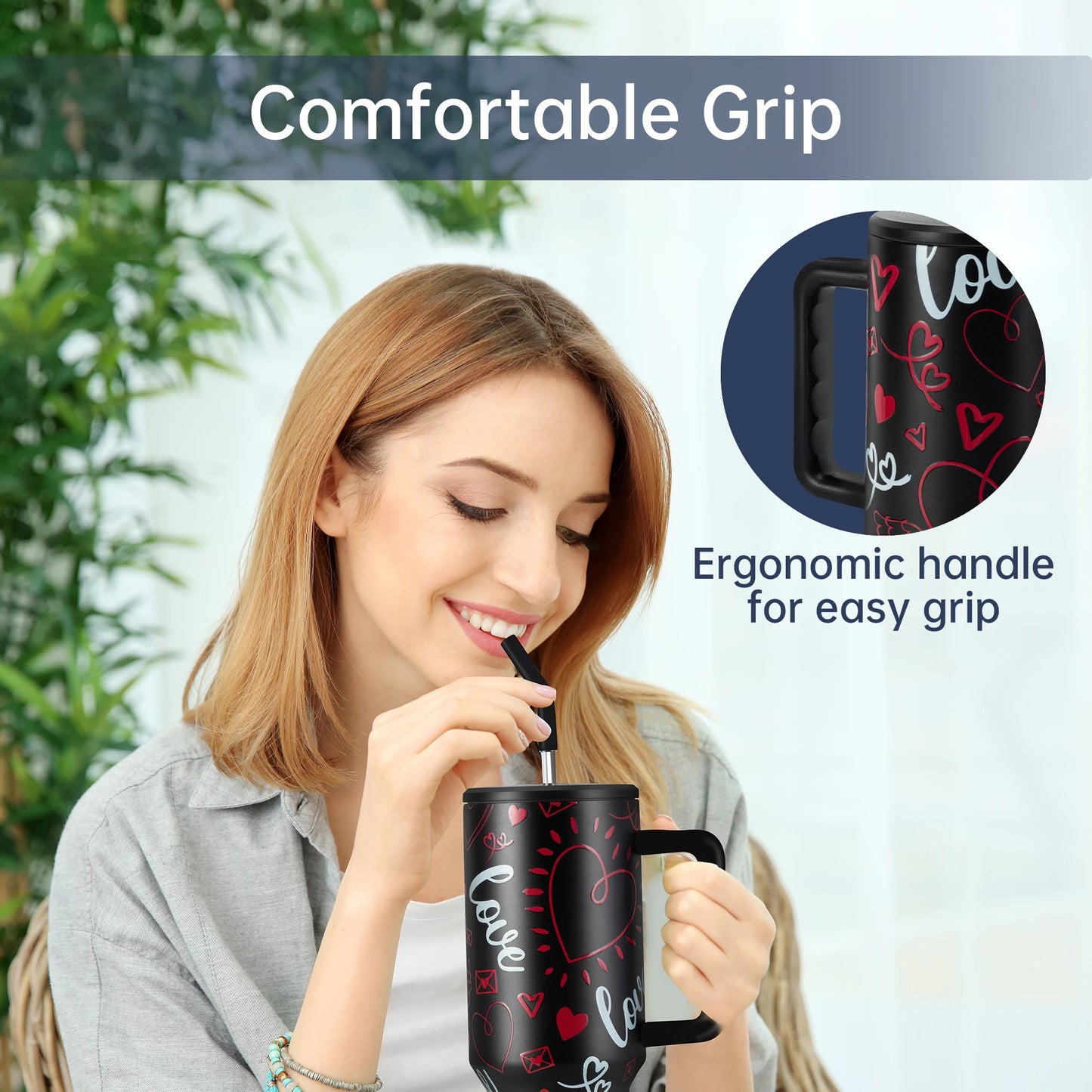 Deli Tumbler With Handle Dual Straw Lid Stainless Steel