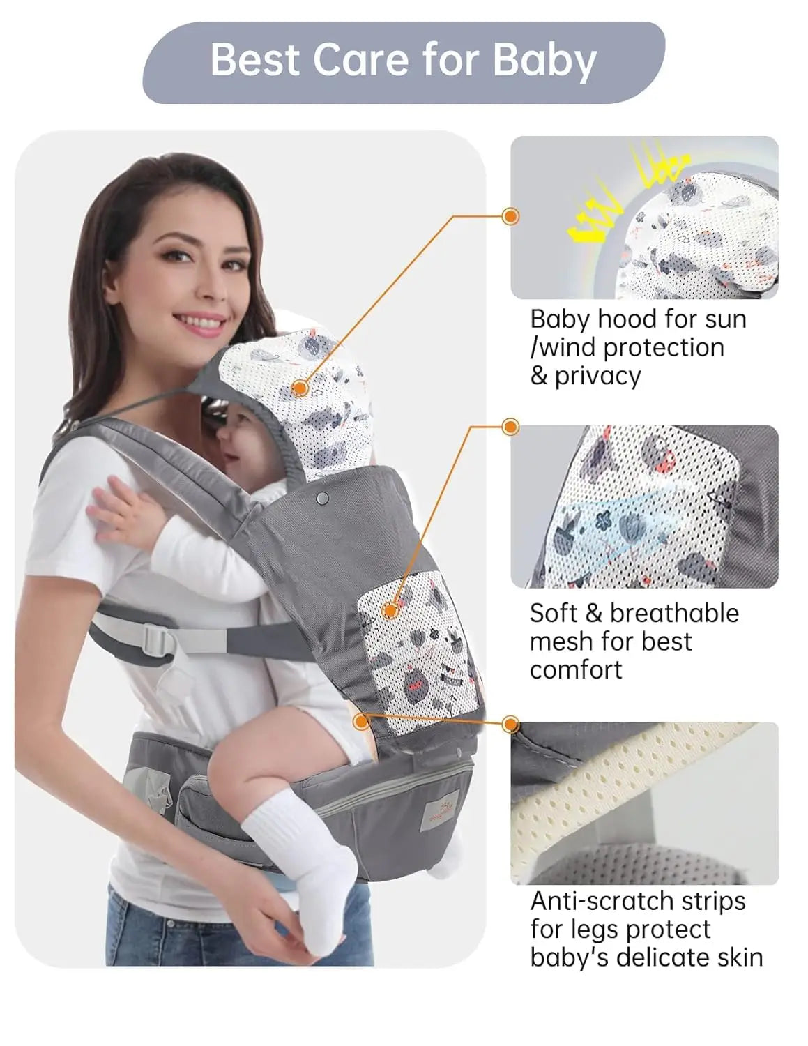 Baby Carrier For Newborn To Toddler With Hood All Seasons All Positions Hip Carrier