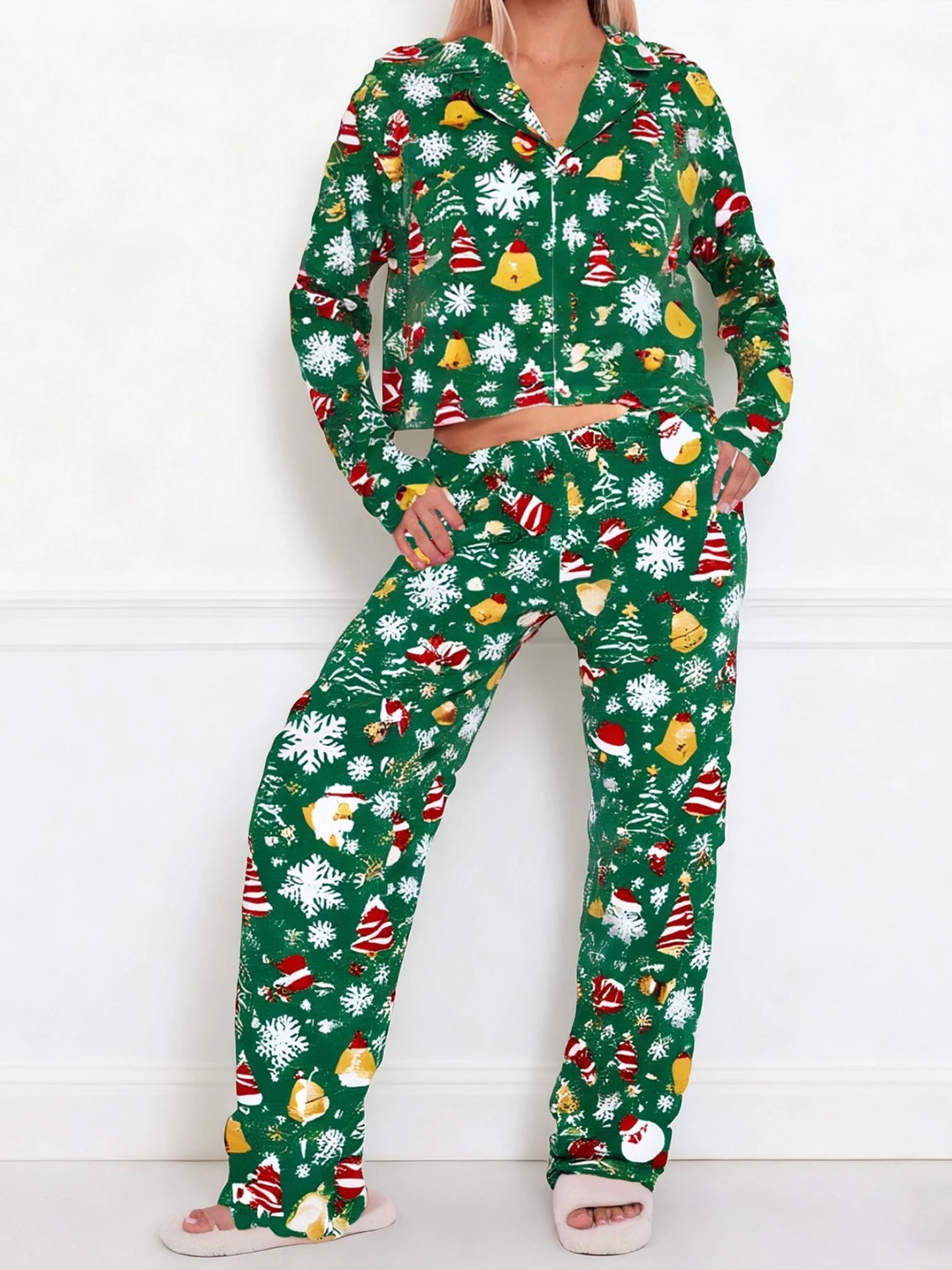 XBTCLXEBCOCN Women Festive Christmas Tree Print Pajama Set With Cozy Long Sleeve Button Up Top And Elastic Waist Pants