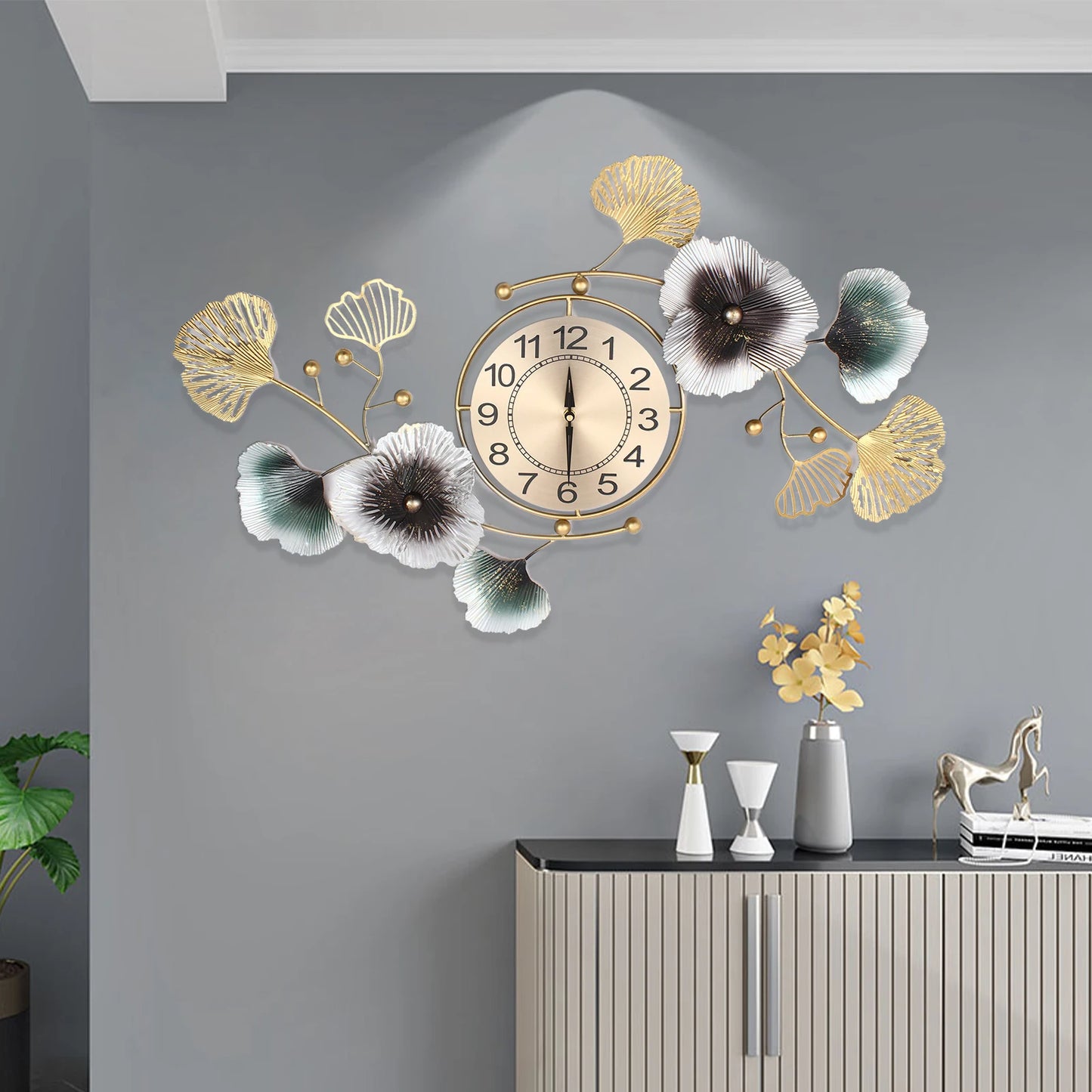 90*45 Cm Large Metal Wall Clock Ginkgo Leaf Quartz Movement Wall Watch Home Decor Battery Powered for Living Room/hallway/office