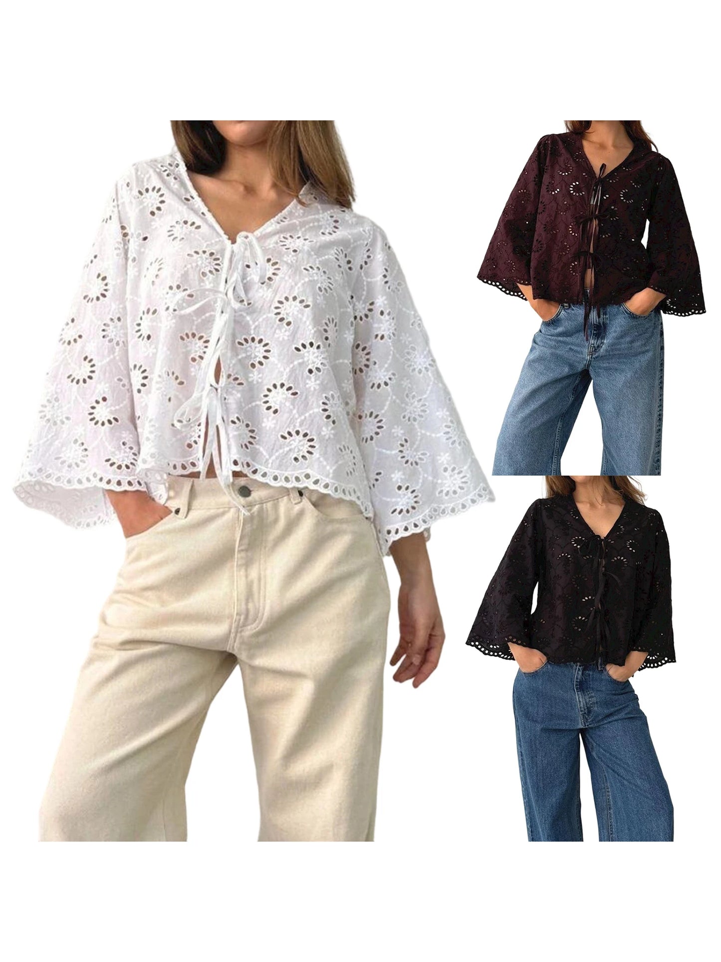 Stylish Women s V Neck Blouse with Eyelet Detailing Solid Color Loose Fit 3 4 Sleeves and Tie Front Design