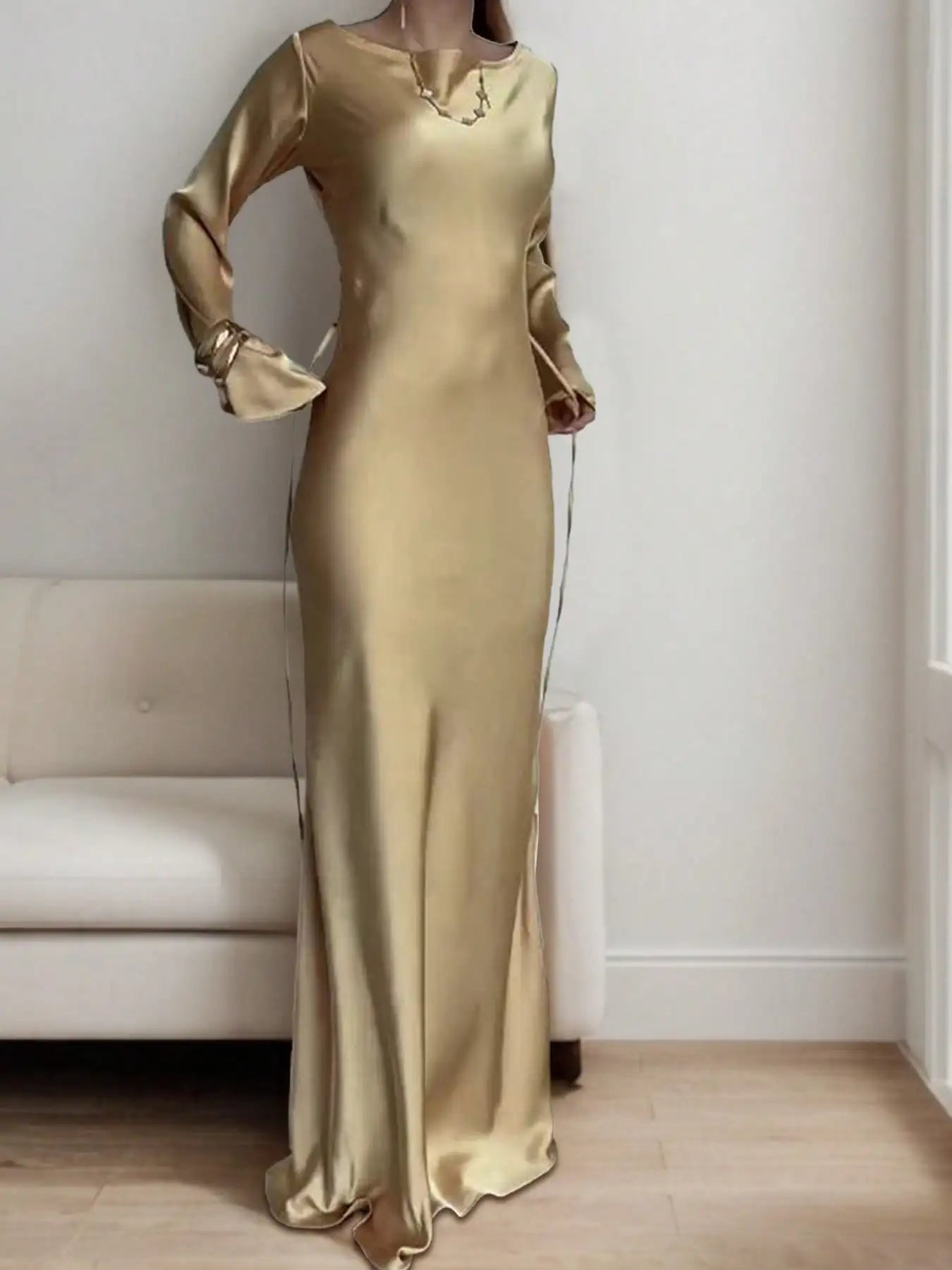 Satin Maxi Dress With Corset Waist Tie Round Neck