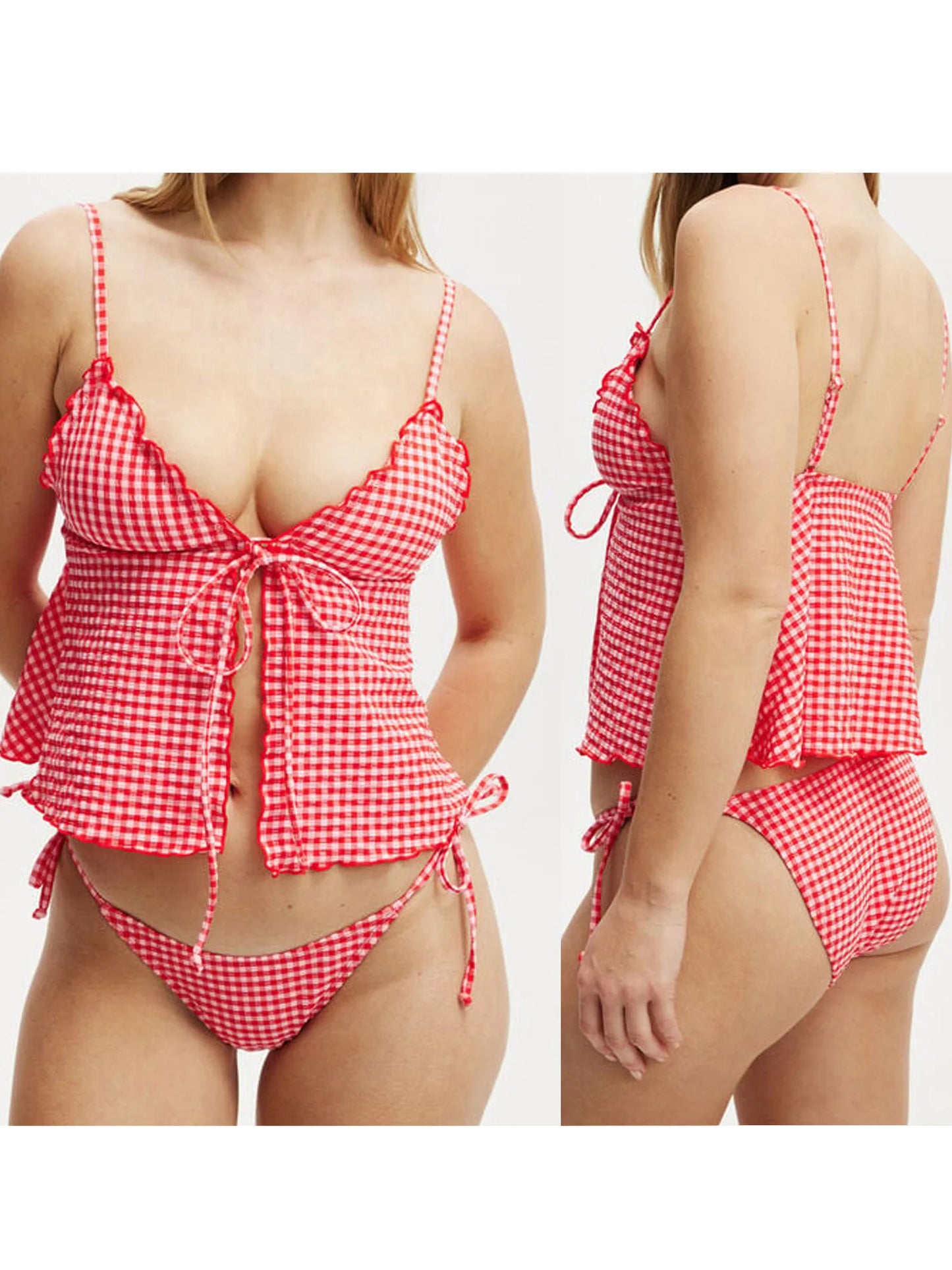 Hirigin Plaid Sleeveless Cami Top With Front Tie