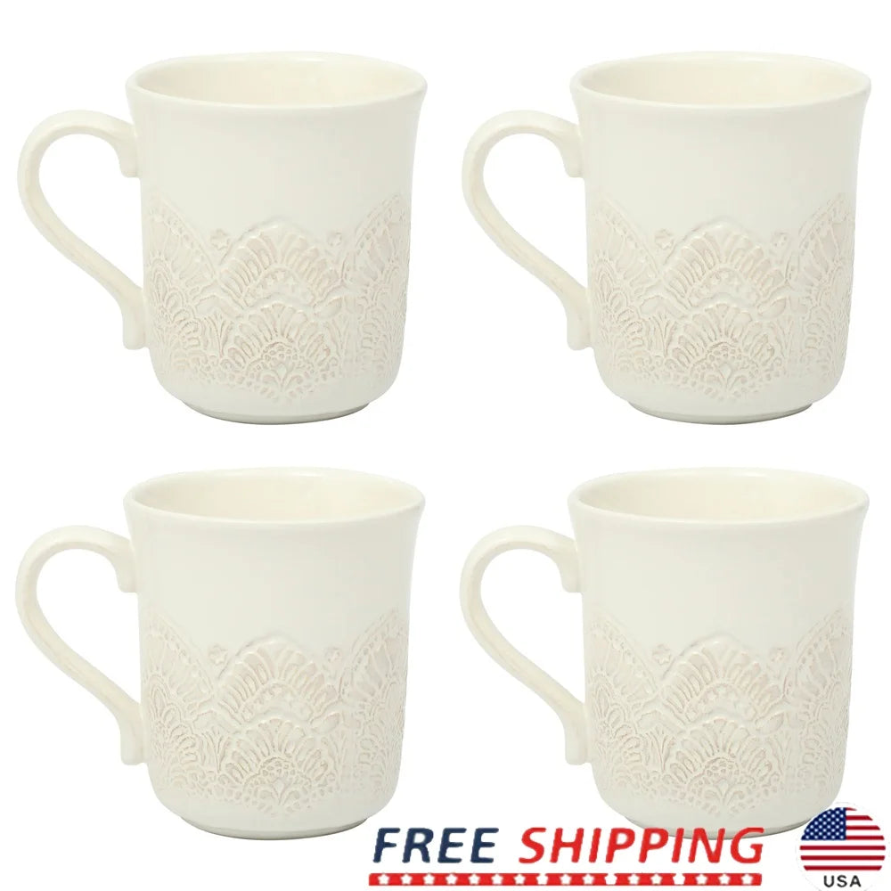 Drinkware Vintage Lace Ceramic Mug Set 4-Pack Dishwasher Safe Stoneware