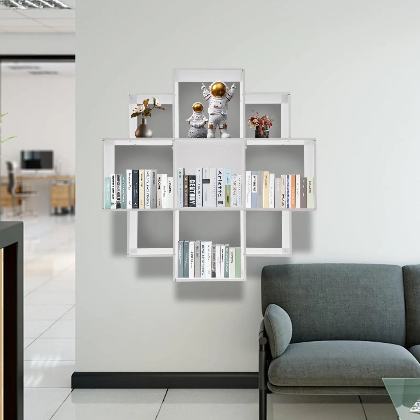 Hign-concerned Wall Mounted Bookcase 3-Tier Floating Shelf With 9 Compartments