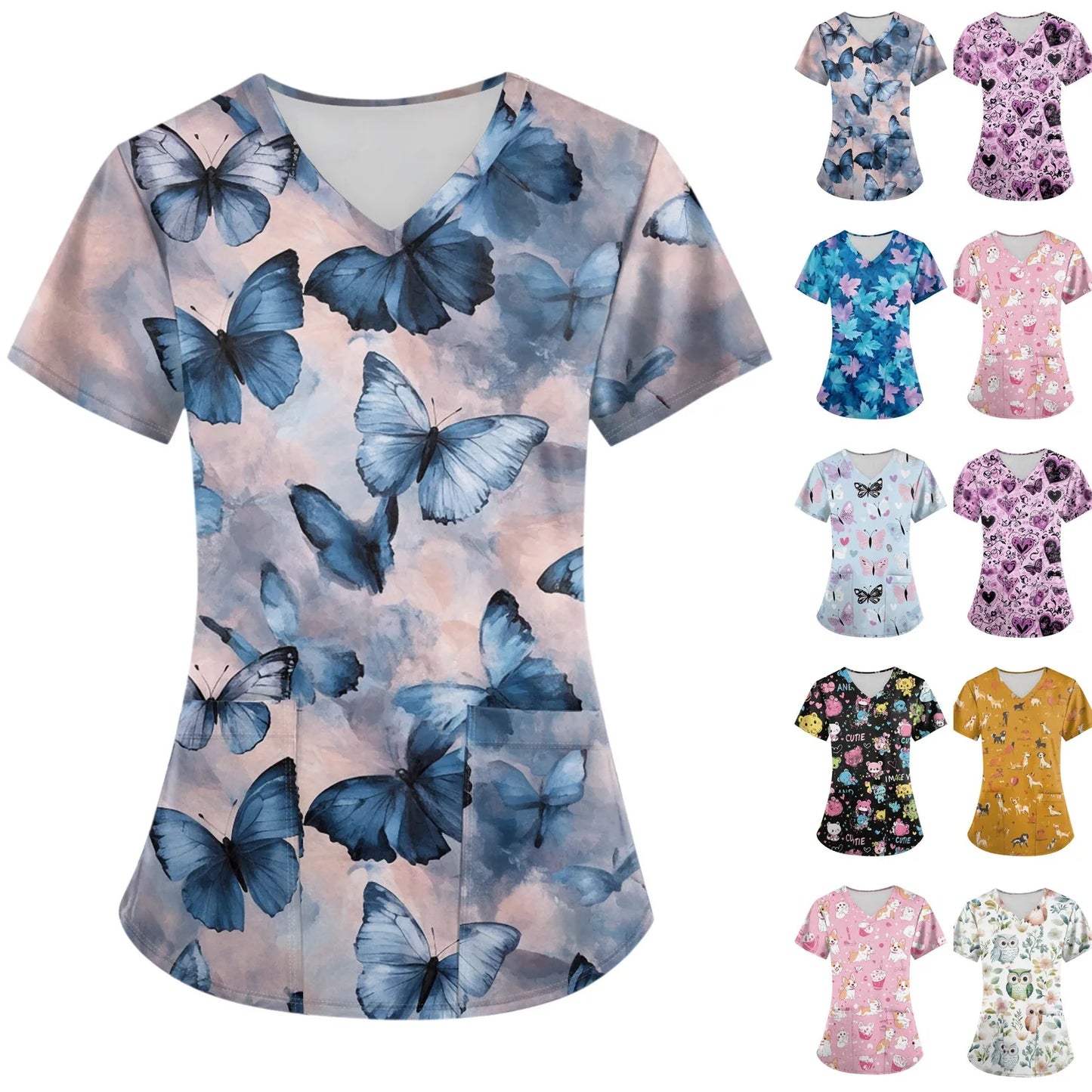 Eillysevens Women Nurse Uniform Cartoon Print Pocket Top