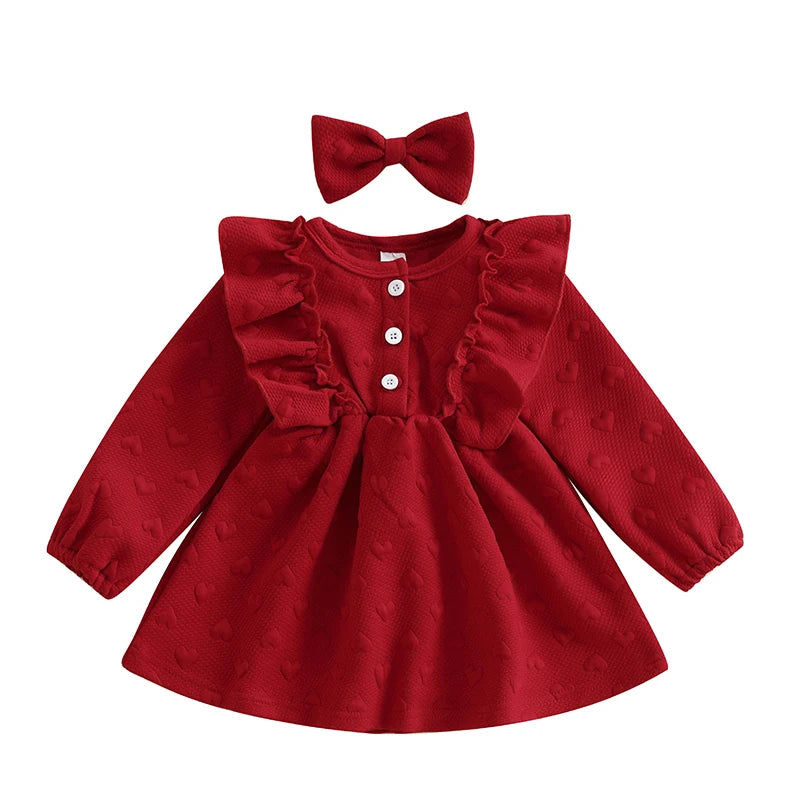 Girls Valentine s Day Heart Print Ruffle Sleeve Dress with Matching Headband - Adorable Toddler Princess Dress for the Holiday