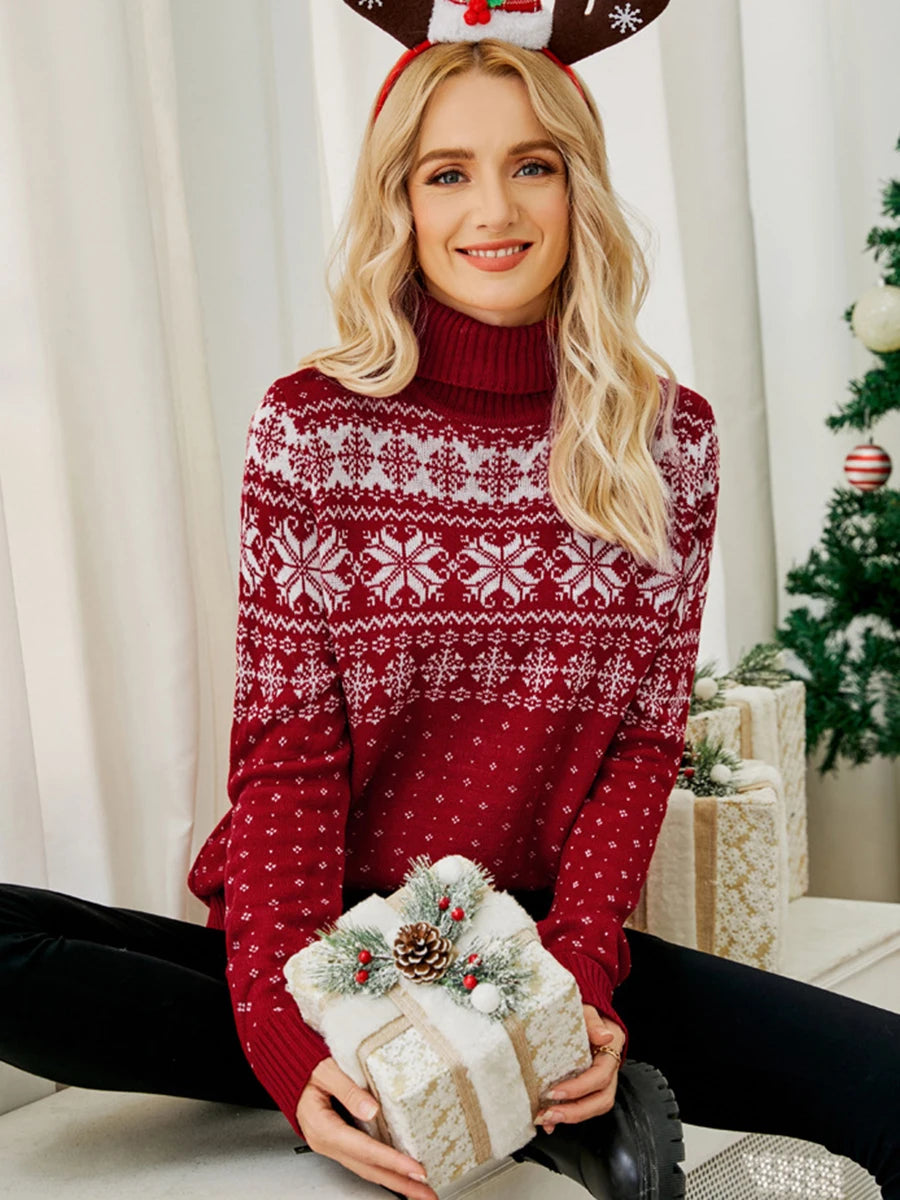 HiriginCN Womens Christmas Snowflake Knitted Sweater Long Sleeve High Neck Pullover Knitwear