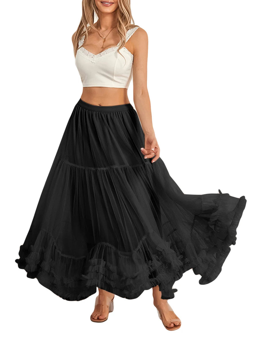 Women’s Tulle Long Skirts Elastic High Waist Ruffle Hem Tutu Skirts Fluffy A-line Midi Skirts